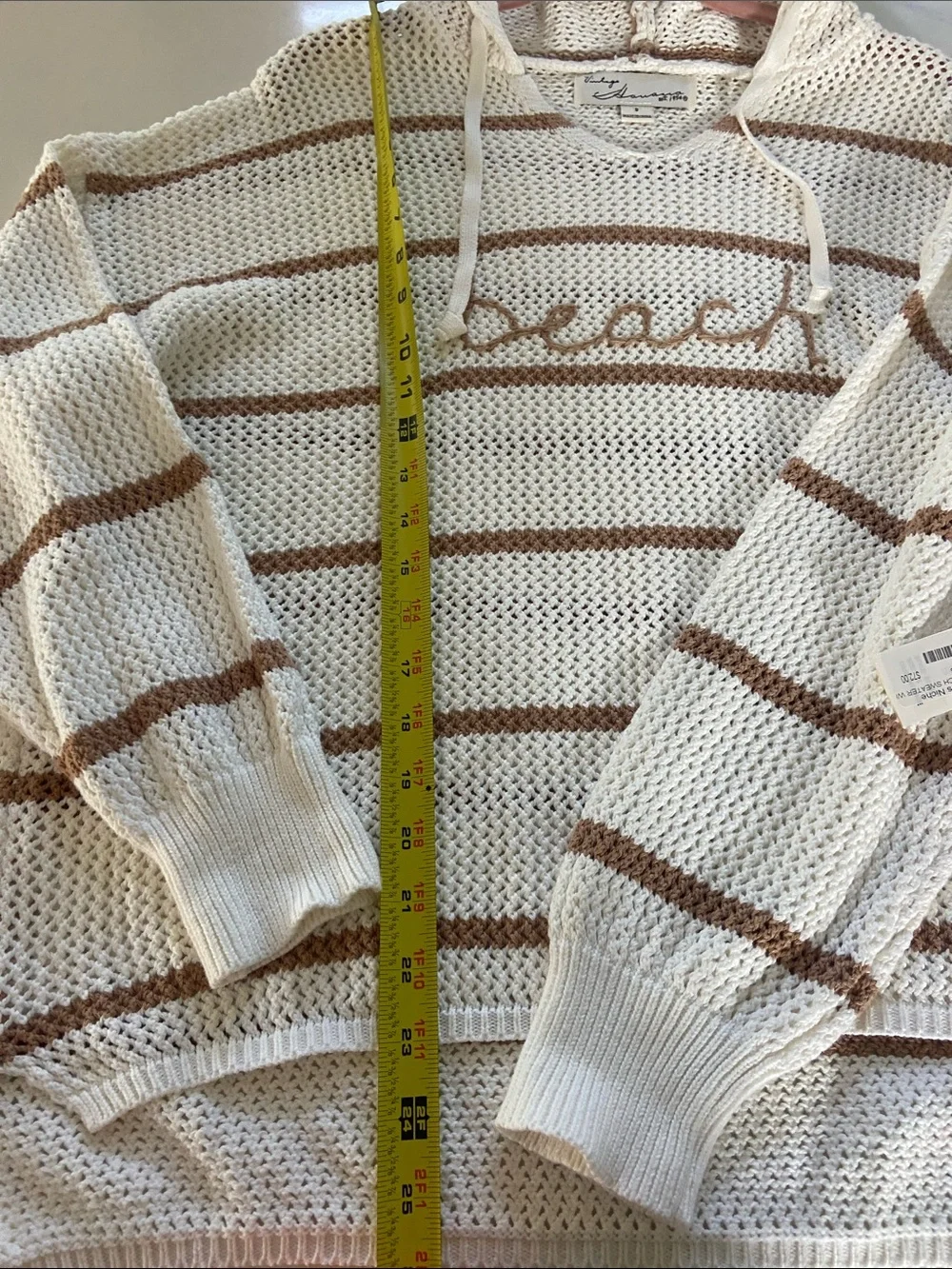 beachlunchlounge Cream & Brown Open-Knit Hoodie Sweater/ slouchy